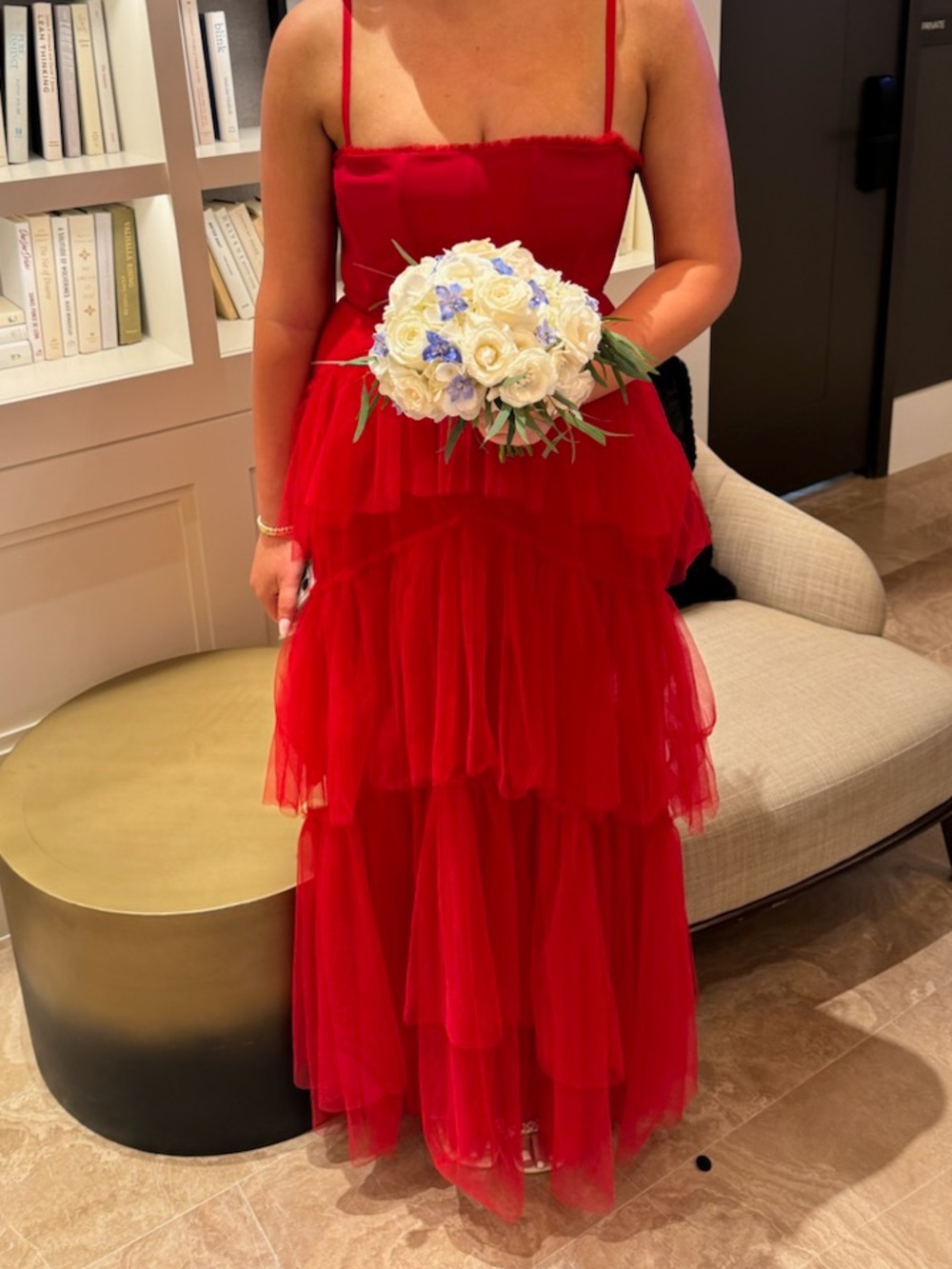 Betsy & Adam Red Tiered Tulle Prom Dress